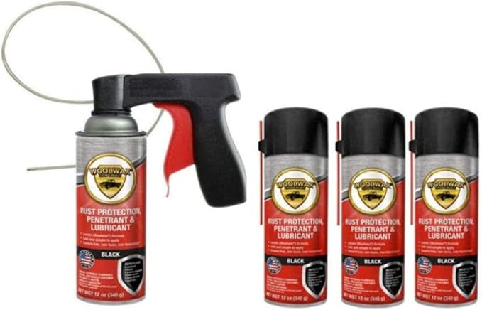 woolwax 12 Oz Undercoating (4) Cans Lanolin Aerosol Spray Black Rust Inhibitor and Prevention, Anti Corrosion Lubricant, Spray Can Extension Wand with Spray Trigger