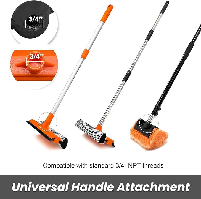 12" Car Wash Brush with Soft Bristle + 10" 2 in 1 Windshield Cleaner Squeegee, Ideal Combination for RV Truck Boat Camper Heavy Duty Tri-Level Dip Wash Brush Car Exterior Washing