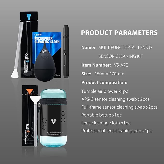 VSGO Professional Camera Cleaning Kit – for Canon, Nikon, Sony, DSLR & Mirrorless Cameras, Includes Lens Cleaning Pen, Air Blower, Sensor Swabs for Full Frame & APS-C, Microfiber Cloth