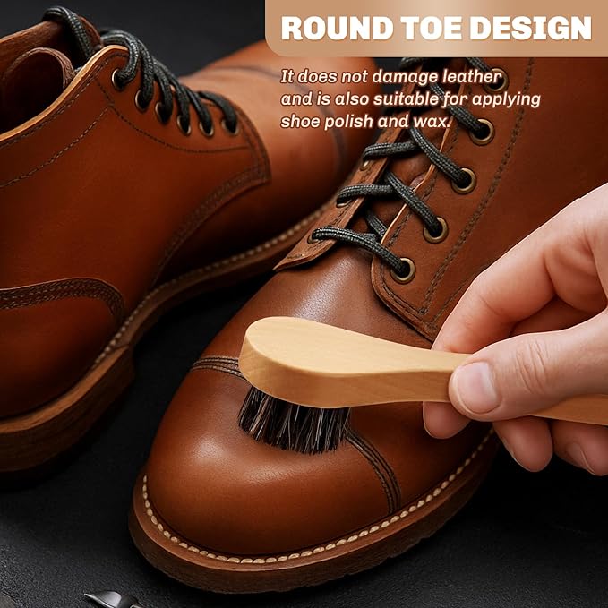 4 Pcs Horsehair Shine Shoes Brush Kit Polish Dauber Applicators Cleaning Leather Shoes Boots Care Brushes Suede Cleaner Brush with Microfiber Shoe Cloth(Wooden Handle A)