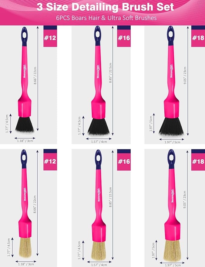 YeewayVeh 6PCS Car Detailing Brush Set, 3pcs Boars Hair Detailing Brushes, 3pcs Ultra Soft Detail Brush for Leather Seat Air Vents Engine Bay, Detail Brushes Car Detailing for Interior Exterior, Pink