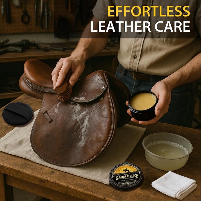 Saddle Soap 4PC Leather Care Kit – All-Natural 3.52oz Leather Cleaner & Conditioner with Horsehair Brush – Saddle Soap for Boots, Shoes, Bags, Saddles, Car & Jackets