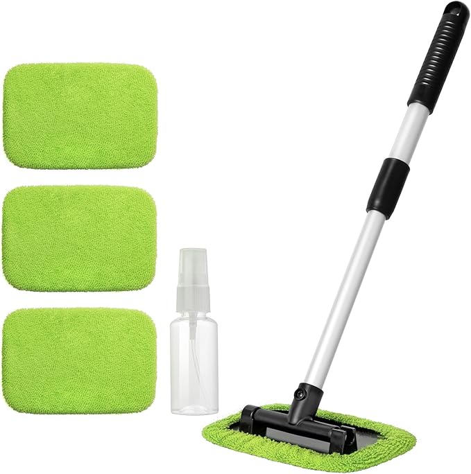 11pcs Windshield Cleaner Tool, Car Window Cleaning Wash Kit with 6 Reusable Microfiber Pads 2 Spray Bottles and Extendable Handles Auto Glass Wiper Kit, Blue & Green