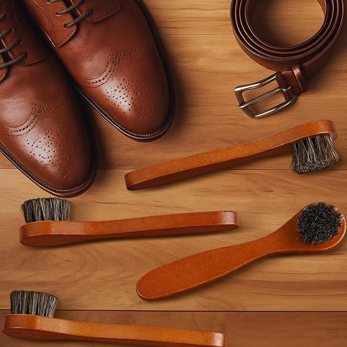 4 Pcs Horsehair Shine Shoes Brush Kit Polish Dauber Applicators Cleaning Leather Shoes Boots Care Brushes Suede Cleaner Brush with Microfiber Shoe Cloth(Brown Handle A)
