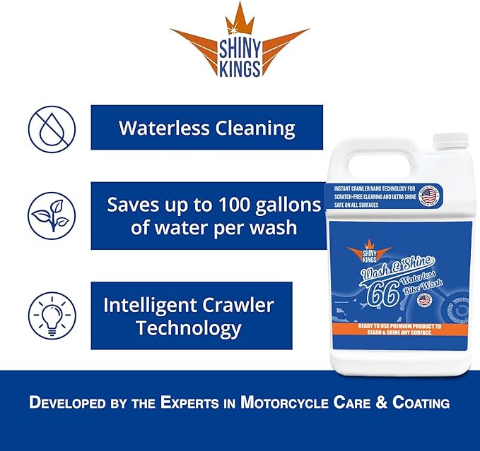 Shinykings Motorcycle Cleaner Wash&Shine 66 | WATERLESS BIke Wash with Ultra Shine Finish | Powerful Motorcycle Detailing Spray for All Surfaces | Bike Cleaner California | 1 Gallon
