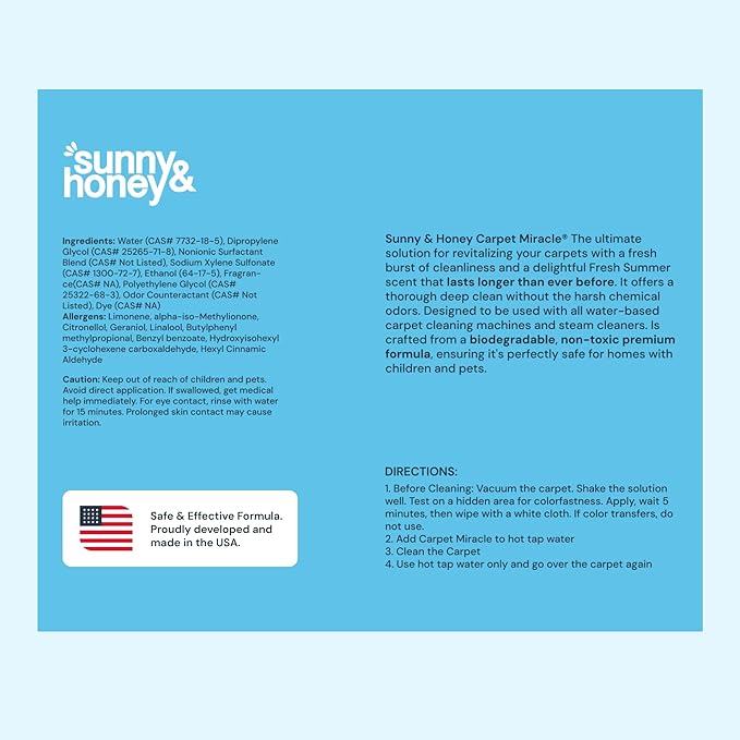 Sunny & Honey Carpet Cleaner Solution - 128 Fl Oz, Fresh Summer Scent - Deep Stain Remover & Surface Deodorizer - Pet & Rug Cleaner - Upholstery Cleaning for Machine Use