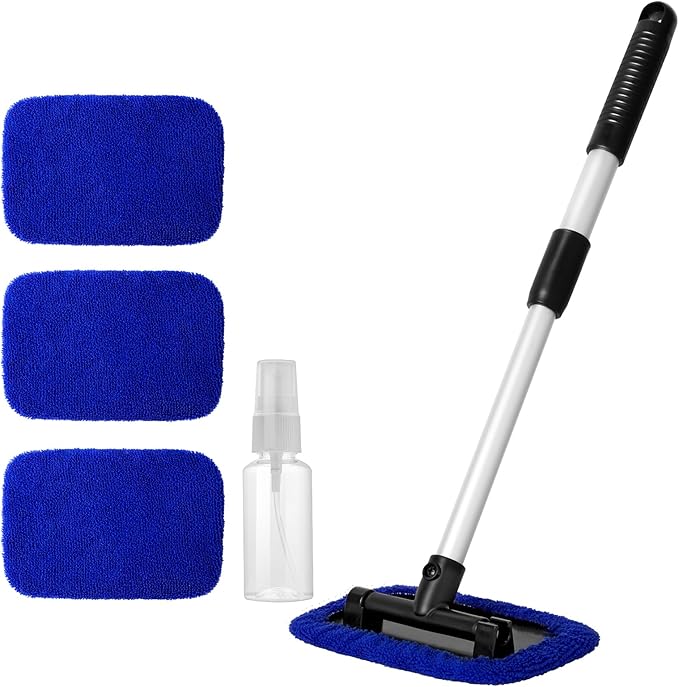 11pcs Windshield Cleaner Tool, Car Window Cleaning Wash Kit with 6 Reusable Microfiber Pads 2 Spray Bottles and Extendable Handles Auto Glass Wiper Kit, Blue