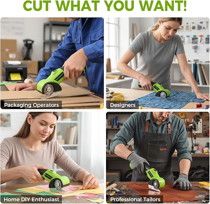 Cordless Cardboard Cutter with Safety Lock & LED – 4V Rechargeable, Extra Blade Included, Electric Box Cutter for Cardboard, Fabric Rotary Cutter for Wrapping Paper, Carpet & Leather