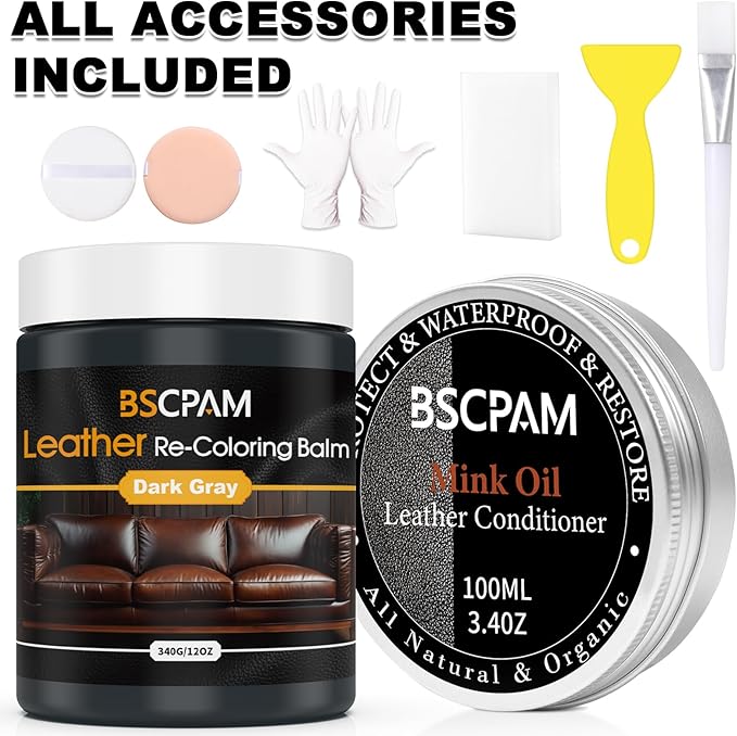 12oz Leather Recoloring Balm & 3.4oz Mink Oil Leather Conditioner kit,Dark Gray Leather Color Repair Kits for Couches, Leather Couch Paint Scratch Repair for Furniture Car Sofa Shoes Leather Dye