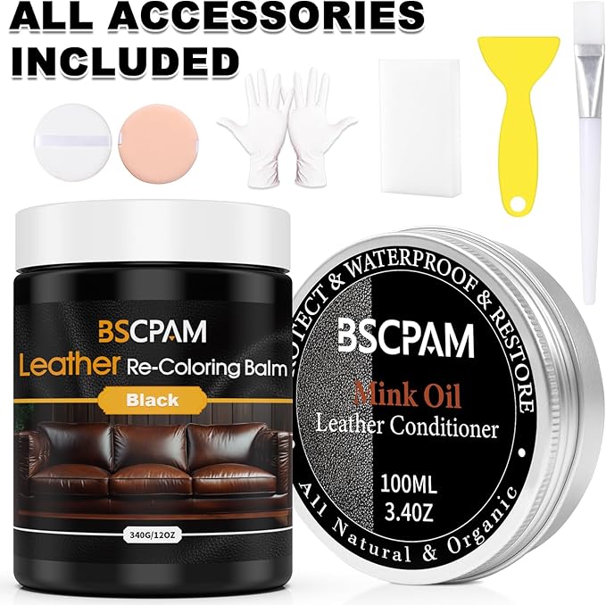 12oz Leather Recoloring Balm & 3.4oz Mink Oil Leather Conditioner kit,Black Leather Color Repair Kits for Couches, Leather Couch Paint Scratch Repair for Furniture Car Sofa Shoes Leather Dye