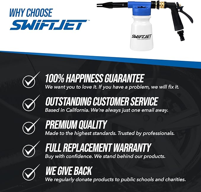 SwiftJet Car Wash Foam Gun + Microfiber Wash Mitt - Foam Cannon Works with Any Soap - Garden Hose Car Foam Sprayer - Car Wash Kit - Car Accessories Foam Blaster (Blue Foam Gun with Mitt)