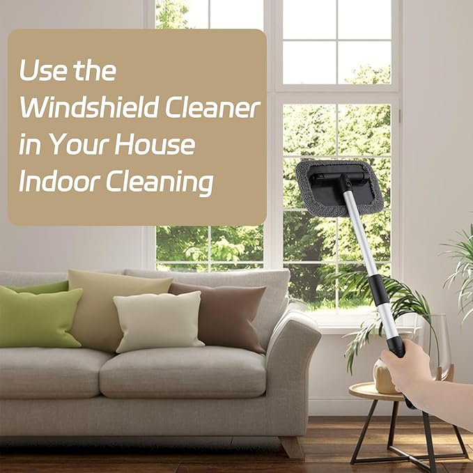 Windshield Cleaner Tool, Car Interior Window Cleaning Tool, Car Wash kit with 4 Reusable Microfiber Pads, 2 Extendable Handle and 2 Spray Bottles, Glass Wiper Kit for Windshield, Home Windows