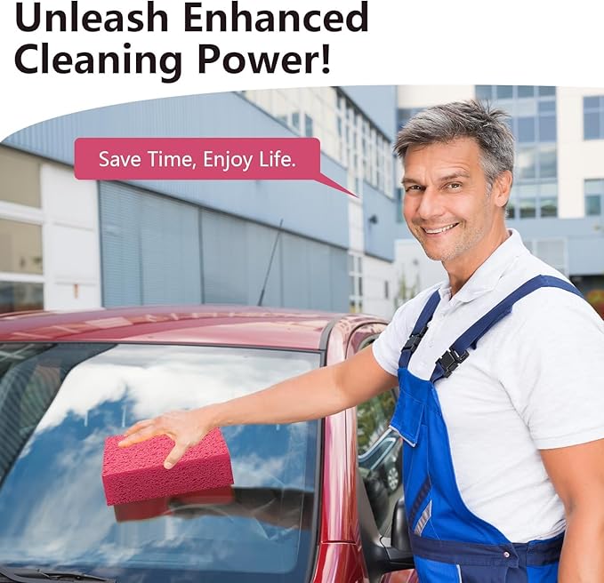 Windshield Cleaner Tool - Car Interior&Exterior Window Cleaning Kit with Extendable Handle & 4 Microfiber Pads and Thick Large Wash Sponge, Auto Glass Wiper Brush Kit for Cars Home (7pcs, Pink)