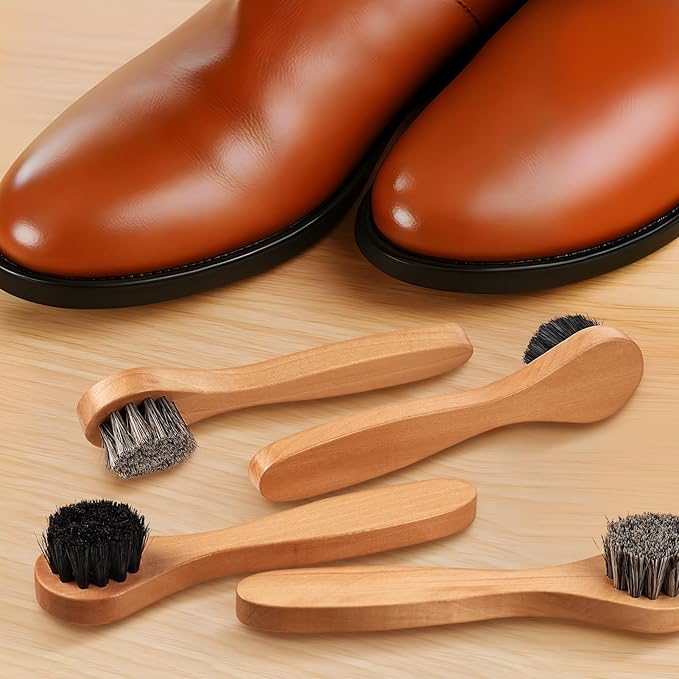 4 Pcs Horsehair Shine Shoes Brush Kit Polish Dauber Applicators Cleaning Leather Shoes Boots Care Brushes Suede Cleaner Brush with Microfiber Shoe Cloth(Wooden Handle B)