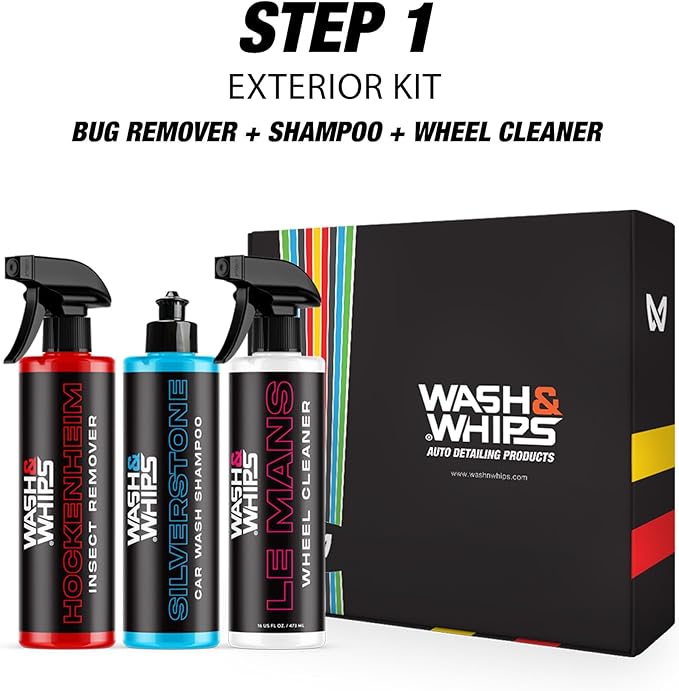 WASH&WHIPS Ultimate Exterior Car WASH Kit – Silverstone Shampoo, Hockenheim Bug Remover, Le Mans Wheel Cleaner – Professional-Grade Shine, Easy to Use, Safe for All Surfaces (Step 1)