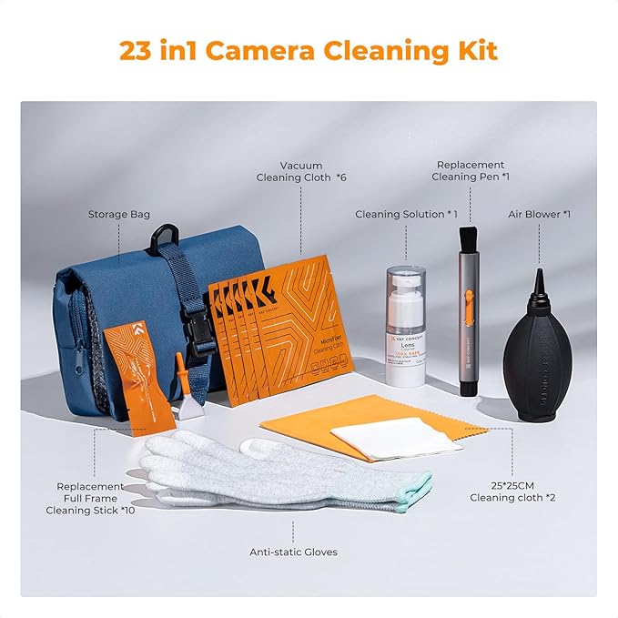 K&F CONCEPT 23 in 1 Camera Lens Cleaning Kit for DSLR Filter with Replaceable Cleaning Pen+Air Blower+Cleaning Liquid+Cleaning Cloth*2+Full-Frame Swab*10+Vacuum Cleaning Cloth*6+Anti-Static Gloves