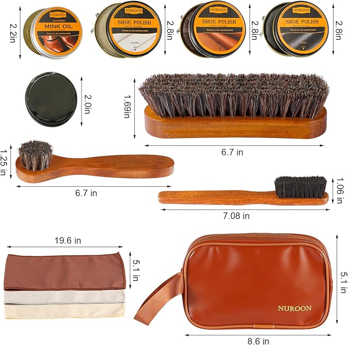 13Pcs Shoe Care Kit for Men & Women,3 Horsehair Shoe Polish Brush,Black Brown Neutral Mink Oil for Shoes,Care for Leather Boots, Shoe Cleaning Kit as Gift for Men with Shine Sponges & Care Cloth