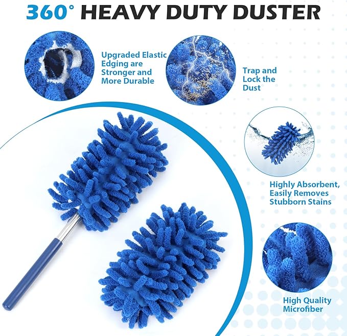 12 Pack Microfiber Dusters for Cleaning, High Duster with Extension Pole, Long Handled Feather Dusters, Household Cleaning Supplies for Ceiling, Car, Furniture, Fan, Sofas(Blue)