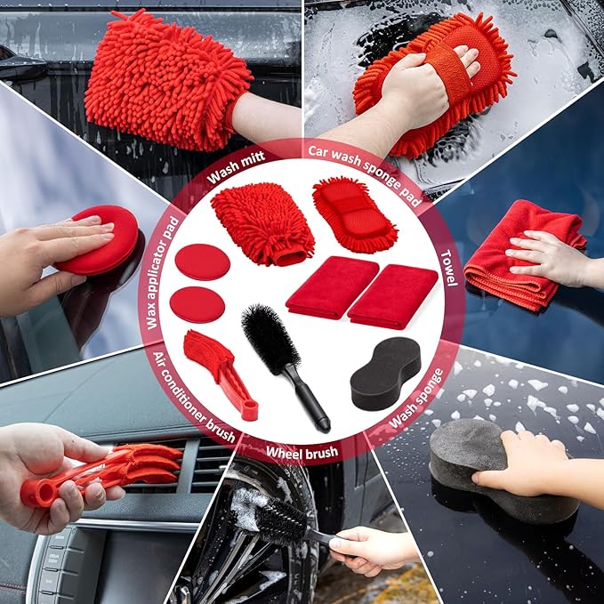 47Pcs Car Wash Cleaning Kit with High Power Handheld Vacuum Windshield Cleaning Tool with Side Mirror Squeegee Bucket Detailing Brushes Tire Brush Towels Complete Detailing Set for Car
