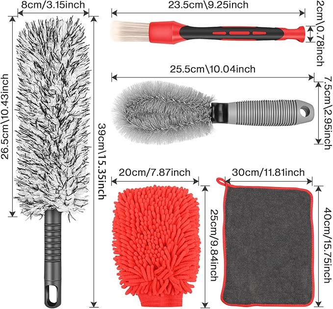 Preciva 5PCS Car Wheel & Tire Brush Kit -Car Cleaning Kit, Wheel Cleaner Brush, Soft-bristled Rim Brush, Car Drying Towel, Car Detailing Cleaning Wash Brush Supplies Kit for Interior Exterior Wheels