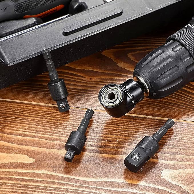 105 Degree Right Angle Drill Adapter Set, 1/4-1/2 Inch Socket Adapters, 4-in-1 Impact Grade Extension Kit with 360° Rotation for Household Workplace Industry