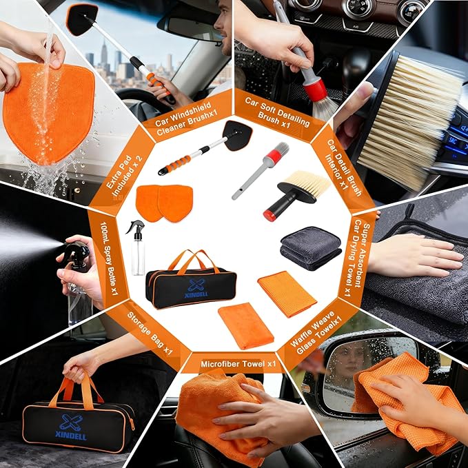 XINDELL Extendable Windshield Cleaner Tool Kit for Car, Interior & Exterior Window Cleaning with Pivot Head, Car Cleaning Microfiber Towels Kit with 3 Reusable Pads, Spray Bottle & 3 Towels (Orange)