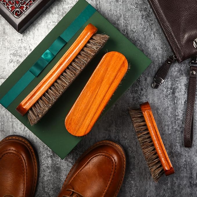 4 Pcs Horsehair Shine Shoes Brush Kit Polish Dauber Applicators Cleaning Leather Shoes Boots Care Brushes Suede Cleaner Brush with Microfiber Shoe Gloves(3 Pcs Shine Brush)