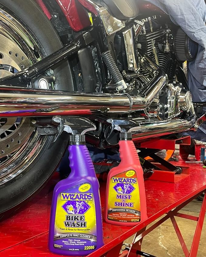 Wizards Motorcycle Cleaning Kit - Bike Wash Foam and Rinse, Quick Detailer Spray, and Bug Remover with Fiber Cloth and Detailing Bag - Portable Motorcycle Wash Kit with Accessories