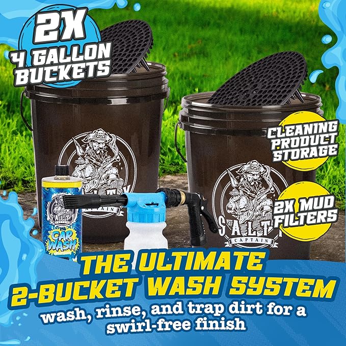 Salty Captain Mega 20-Piece DIY Car Cleaning Kit – All-in-One Car Detailing Kit with 2x Buckets, Towels, Brushes & 6x Cleaning Fluids – Foam Blaster compatible with Garden Hose – Premium Quality