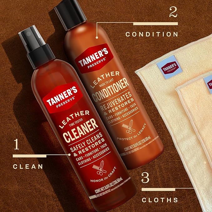 Tanner's Preserve Leather Cleaner & Conditioner Gift Set, Cleans, Rejuvenates & Restores Finished Leather, Use for Cars, Furniture & More, 2X 8 Fl Oz & Microfiber Cloth