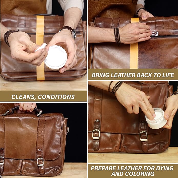 Leather Preparer & Deglazer – Heavy Duty Leather Reset Cream – Removes Finish, Wax, Dirt & Scuffs – Preps Leather for Dye, Paint, Polish & Conditioner – Safe on Leather, Vinyl & Rubber- Cloth Included