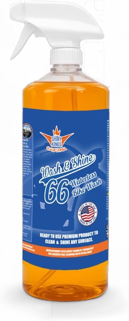 Shinykings California Wash&Shine 66 | WATERLESS Motorcycle Cleaner | Motorcycle and Car Wash&Wax | All Surfaces | Bike Polish | Chrome Cleaner | Multipurpose Detail Spray (32 fl.oz Orange)