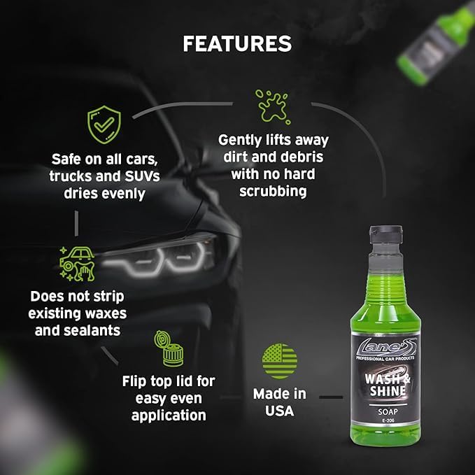 LANE'S Wash & Wax - Best Car Wash Soap, Wax Components Provides Layer of Protection to Car’s Paint, High Foaming, Deep Cleaning Concentrated Formula, Mirror High-Gloss Shine 16oz