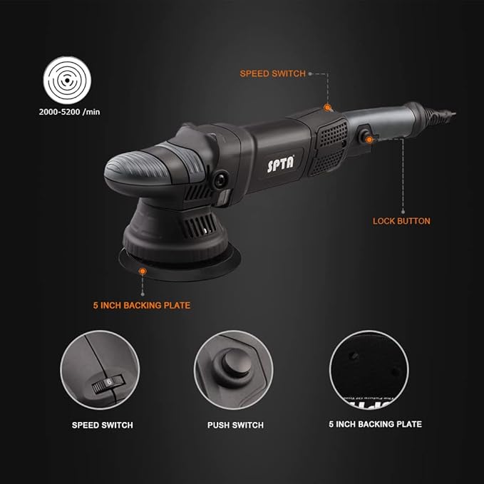 Buffer Polisher, SPTA 5-Inch 125mm Dual Action Random Orbital Car Polisher,Car Detailing Kit, 4Pcs 5inch & 4Pcs 6Inch Polishing Pad,Packing Bag for Car Polishing and Waxing--DAPSET-US