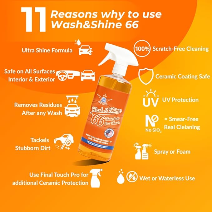 Shinykings Wash&Shine 66 32 fl.oz WATERLESS Car Wash with Ultra Car Shine Effect Powerful Car Wash Spray or Foam Soap for All Surfaces | Scratch-Free & Biodegradable Car Cleaner | 32 fl.oz.