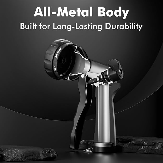 RESTMO Garden Hose Nozzle, Heavy Duty Metal Water Nozzle with 7 Adjustable Spray Patterns, High Pressure Hand Sprayer with Flow Control, for Watering Plants & Lawns, Washing Cars & Pets, Flash Black