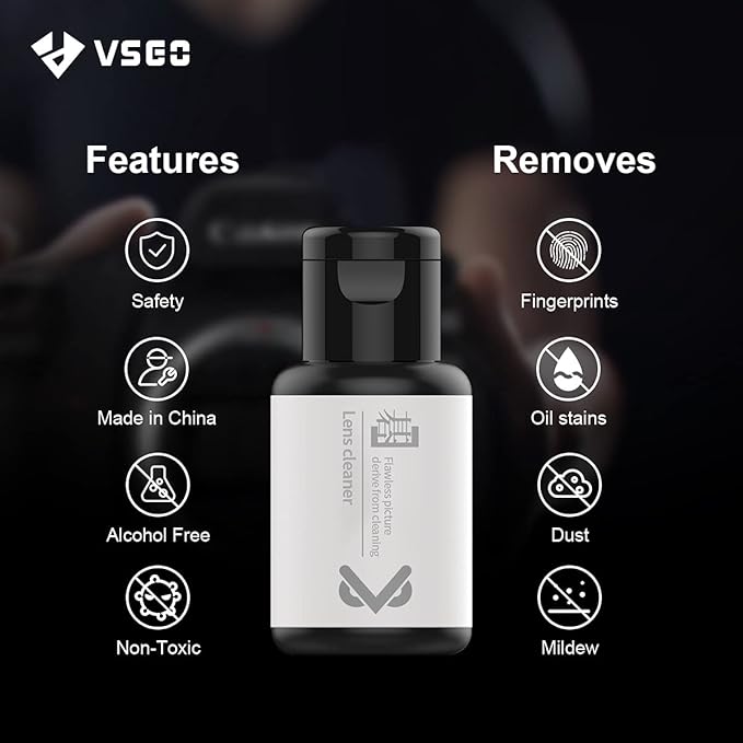 VSGO Camera Lens Cleaning Kit, Lens Cleaner Fluid, Dust-Free Cotton Swab and Dispensing Bottle Included, Compatible with Cameras, Lenses and Other Optical Products Clean(V-C01E)