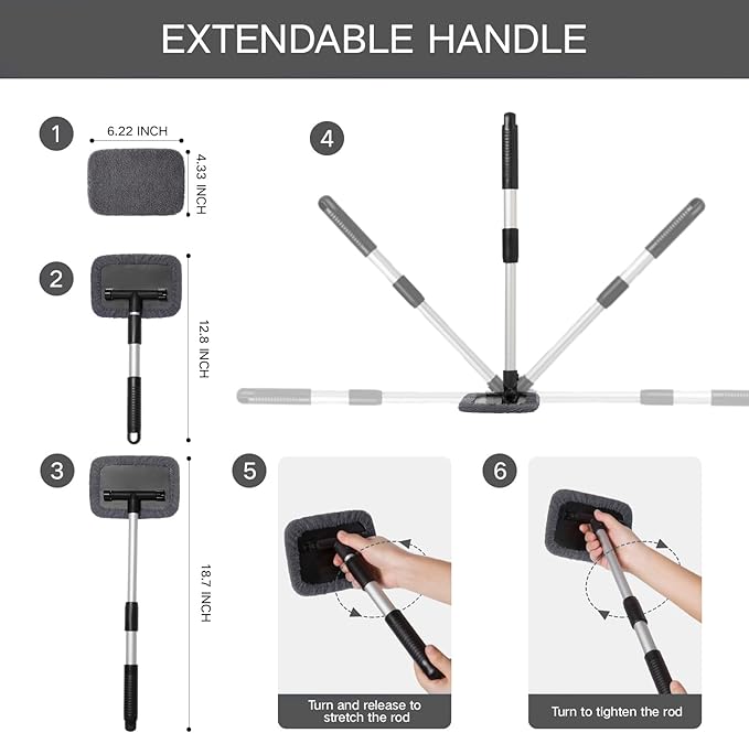 11pcs Windshield Cleaner Tool, Car Window Cleaning Wash Kit with 6 Reusable Microfiber Pads 2 Spray Bottles and Extendable Handles Auto Glass Wiper Kit, Gray
