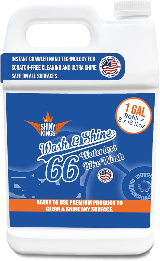 Shinykings Motorcycle Cleaner Wash&Shine 66 | WATERLESS BIke Wash with Ultra Shine Finish | Powerful Motorcycle Detailing Spray for All Surfaces | Bike Cleaner California | 1 Gallon