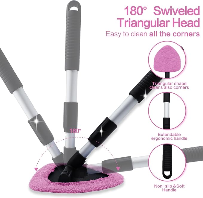Windshield Cleaner Tool - Car Interior&Exterior Window Cleaning Kit with Extendable Handle & 4 Microfiber Pads and Thick Large Wash Sponge, Auto Glass Wiper Brush Kit for Cars Home (7pcs, Pink)