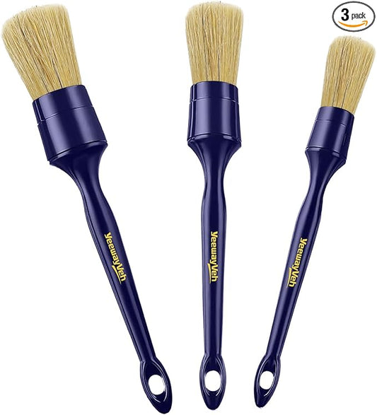 YeewayVeh Car Detailing Brush Set, 3 Pack Ultra Soft Boars Hair Detailing Brushes for Leather Seat Air Vents Engine Bay, Auto Detail Brushes Car Detailing for Interior Exterior, Indigo