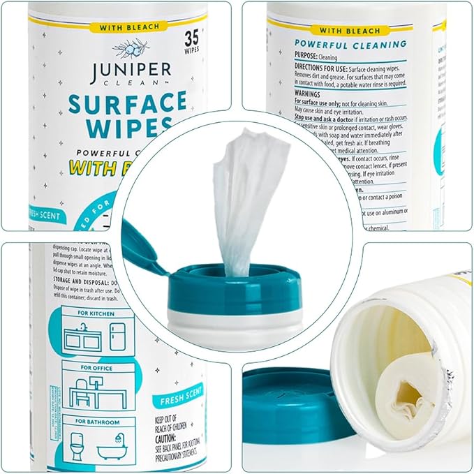 1 Pack Surface Cleaning Wipes with Bleach, All-Purpose Cleaner for Bathroom, Kitchen, Office, 35 Count Canister, 7.5" x 7" Sheet, Fresh Scent, Lint Free & Durable