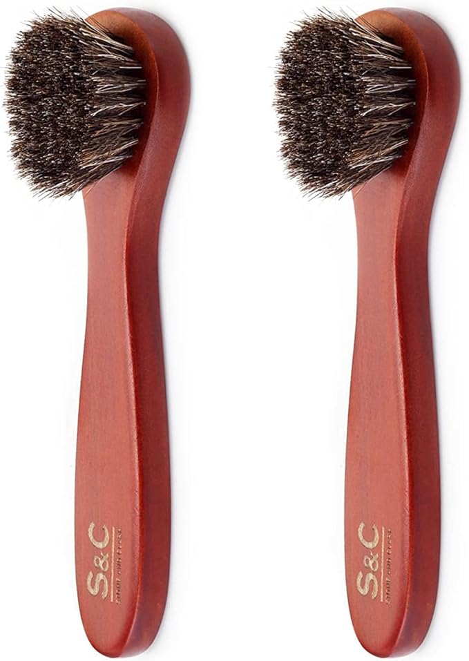 Premium Shoe Polish Brush Set - Horse Hair Brushes, Shoe Polish Applicator for Leather Footwear - Shoe Brushes for Cream & Polish - Made of White Horse Hair & Lotus Wood Handle