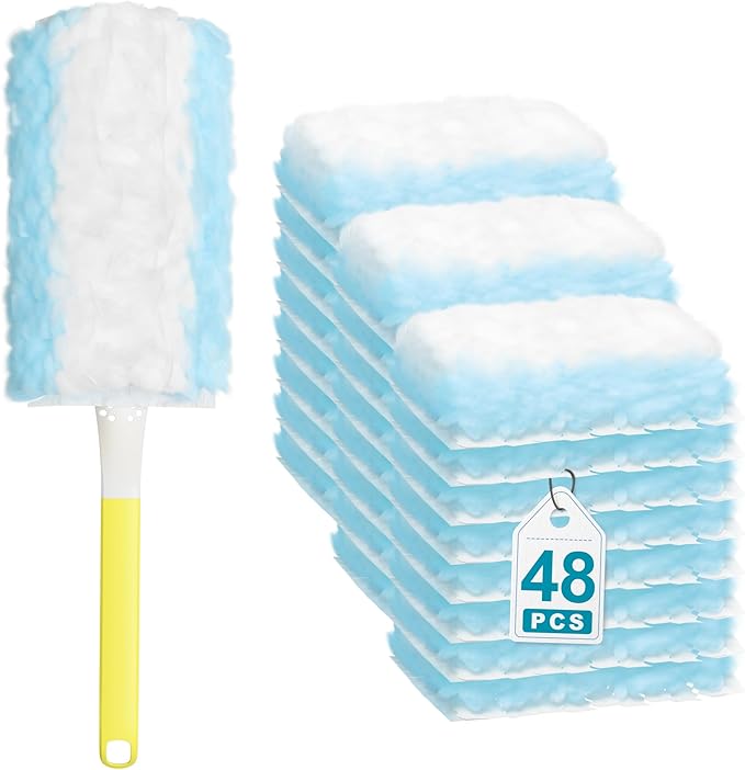 JOYMOOP Disposable Duster for Cleaning, with 1 Handles & 48 Ct Blue Heavy Duty Refills for Swiffer Feather Duster, Household Cleaning Tool for Electronics, Dusting Furniture, Blinds, Pet Hair