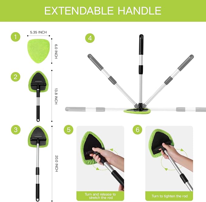 11pcs Windshield Cleaner Tool, Car Window Cleaning Wash Kit with 6 Reusable Microfiber Pads 2 Spray Bottles and Extendable Handles Auto Glass Wiper Kit, Green