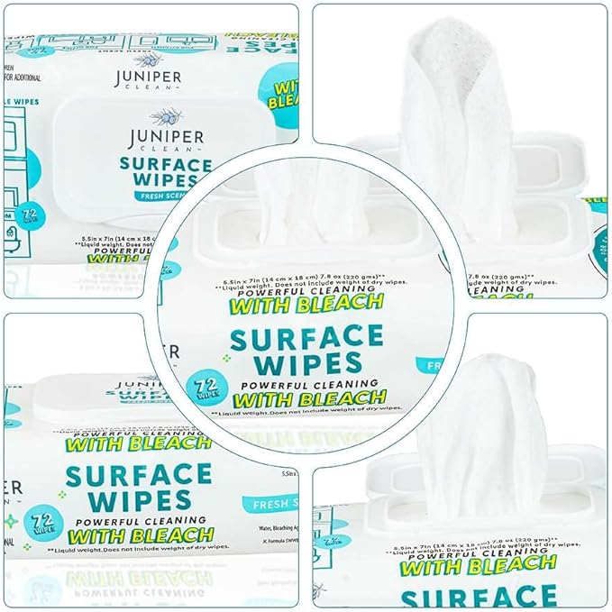 1 Pack Surface Wipes with Bleach, All-Purpose Cleaner for Bathroom, Kitchen, Office, 72 Count Soft Flow, Fresh Scent, Lint Free & Durable