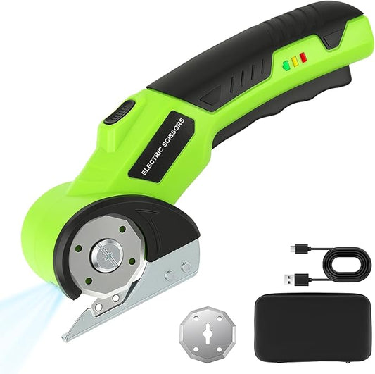 Cordless Cardboard Cutter with Safety Lock & LED – 4V Rechargeable, Extra Blade Included, Electric Box Cutter for Cardboard, Fabric Rotary Cutter for Wrapping Paper, Carpet & Leather