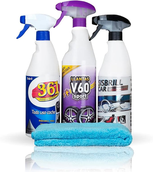 Sisbrill Essential Car Cleaning Kit – Rim Cleaner, All-Purpose Interior & Exterior Detailer, Leather & Plastic Conditioner – Complete Auto Detailing Trio with Microfiber Towel