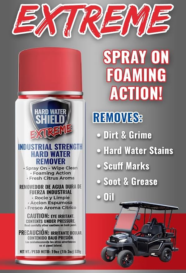 Club Clean Cart Shine, Golf Cart Body Windshield Cleaner Plus Polisher - Hard Water Shield, Removes Hard Water Stains - Battery Acid Shield, Grease Spray, Lubricates & Rust Proofs - Trim & Tire Shield