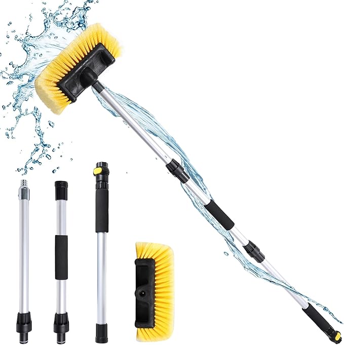54" Car Wash Brush with Long Handle and 12" Soft Bristle Brush Head, Water Flow-Thru Car Washing Brush with Hose Attachment for Cleaning Car, RV, Truck, Boat, Camper, House Siding and More